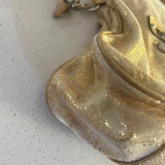 Kathy Van Zeeland Gold Metallic Shoulder Bag Studded Glam Purse Slouchy Tote Vtg - Picture 13 of 14